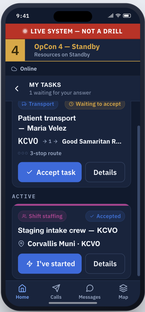 ALLDART incident task board — accepting a disaster response task assignment on mobile