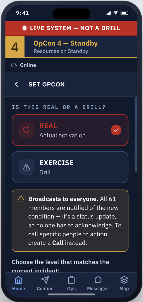 ALLDART emergency alert app — setting the OpCon readiness level and broadcasting to the whole volunteer team