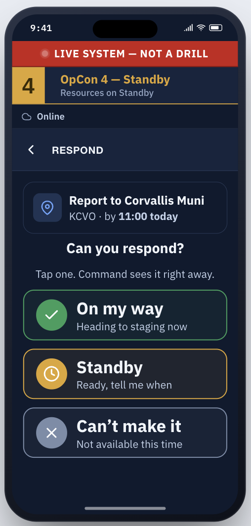 ALLDART mobile disaster response app — volunteer answering an emergency activation call with one tap